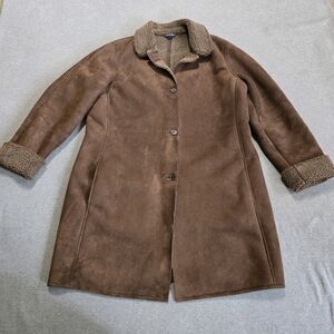 Lands' End Faux Suede Sherpa Lined Long Shearling Jacket Coat Womens sz L Brown